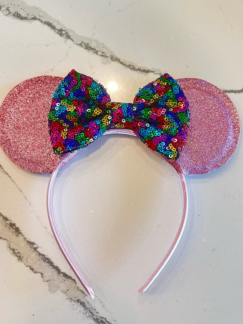 Pink Sequin Mouse Ear Headband with Multi-Color Bow